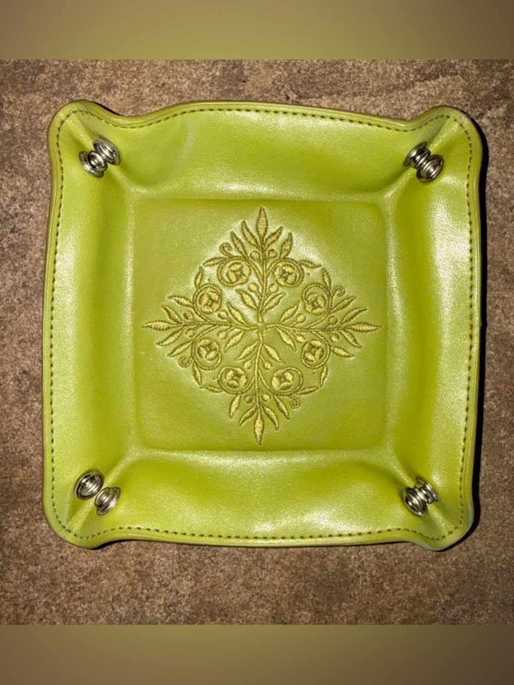 Unused - Green Leather Catch All with Embroidery Design